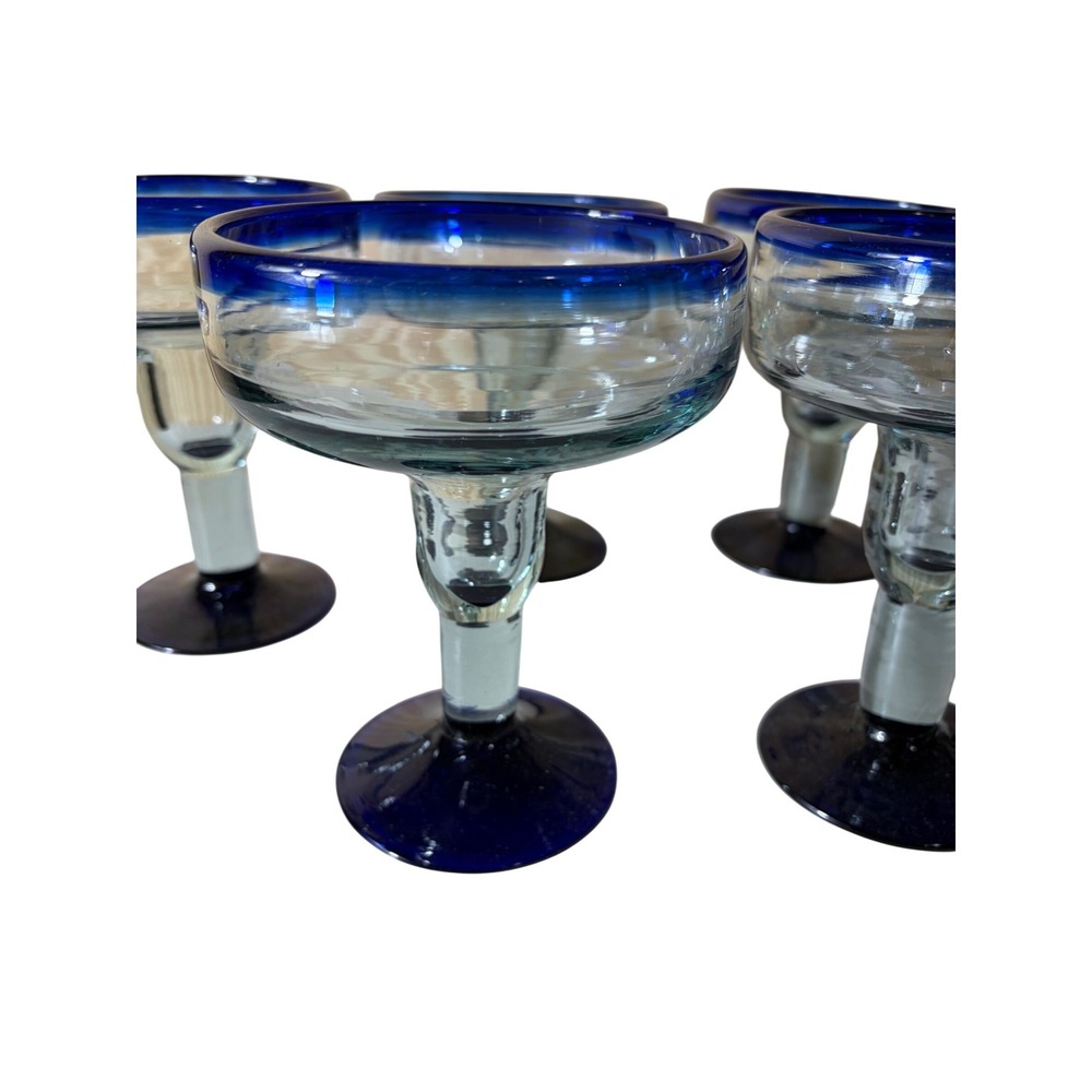 Set of 6 Mexican Hand Blown Margarita Glasses Cobalt Blue Rim and Base Clear